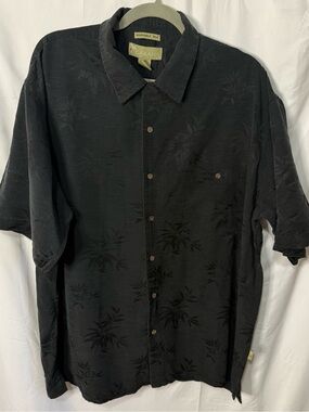 Cabana Men’s XL Black 100% Silk Shirt Tonal Bamboo Hawaiian Short Sleeve